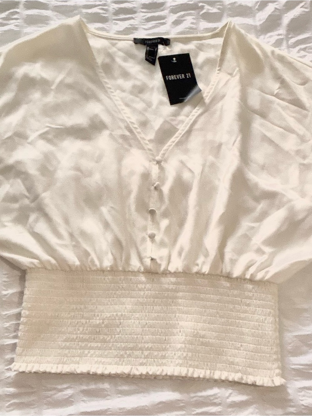 Forever 21 Cream V-Neck Button Front Smocked-Waist Blouse